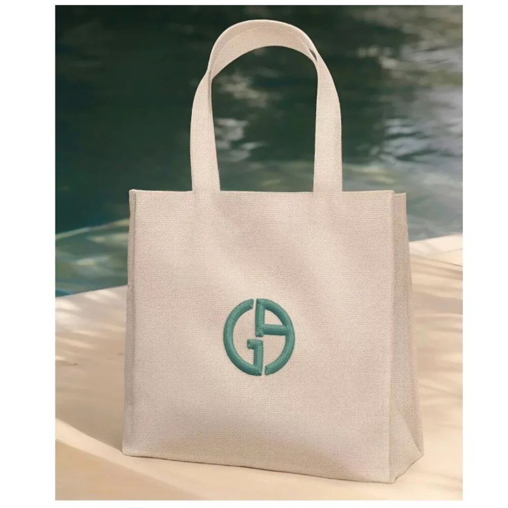 Giorgio Armani Beach Towel &Tote Set,Green Cotton Towel with Cream Bag,Boxed,NEW